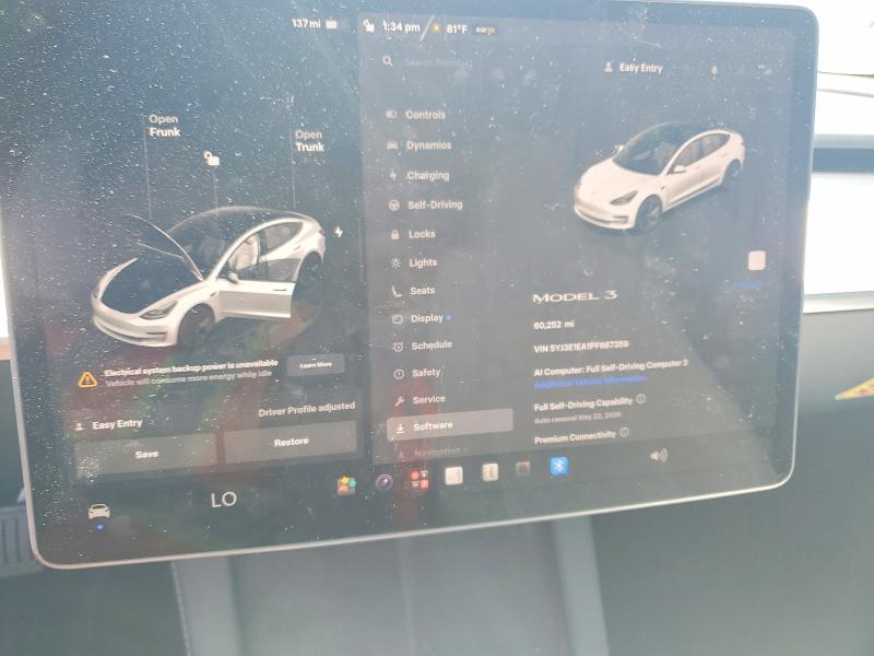 2023 Tesla VIN 5YJ3E1EA1PF687359 COPART salvage auction — FRONT END, Ca - Salvage Certificate, sold $6,500 on 2026-07-02 (photo 9)
