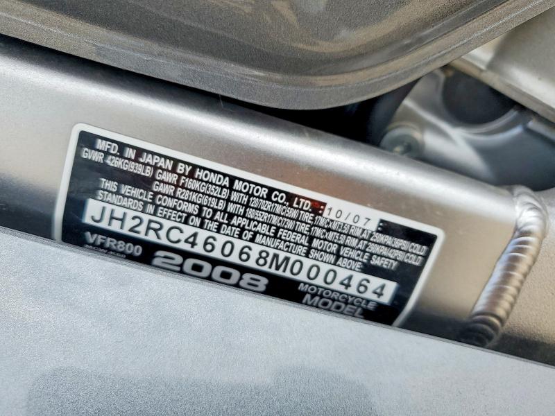 2008 Honda Vfr VIN JH2RC46068M000464 COPART salvage auction — SIDE, Id - Salvage Certificate Of Title, sold $875 on 2026-07-23 (photo 9)