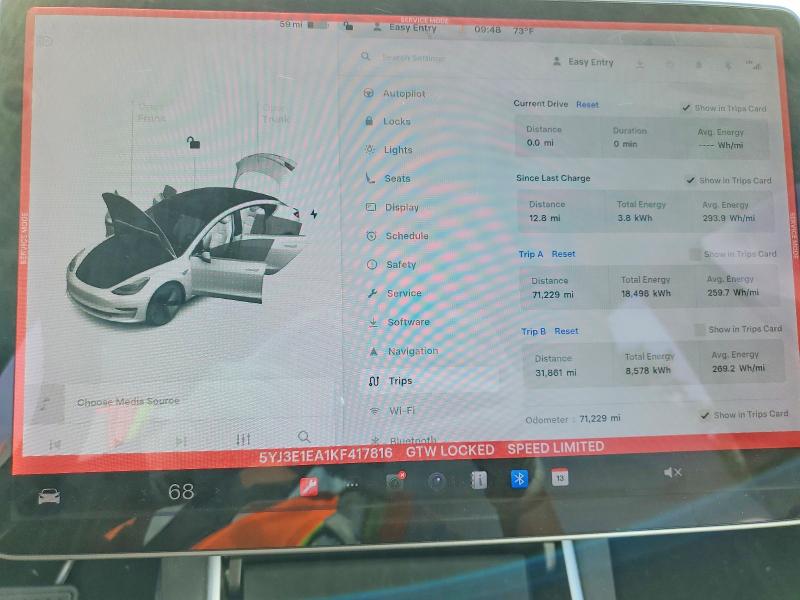 2019 Tesla Model 3 VIN 5YJ3E1EA1KF417816 COPART salvage auction — FRONT END, MD - CERT OF SALVAGE > 75% DAMAGE, sold $6,500 on 2026-07-02 (photo 9)
