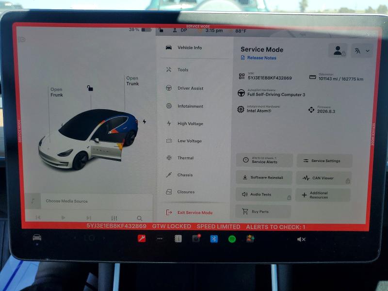 2019 Tesla Model 3 VIN 5YJ3E1EB8KF432869 COPART salvage auction — FRONT END, Ca - Salvage Certificate, sold $7,000 on 2026-07-15 (photo 9)