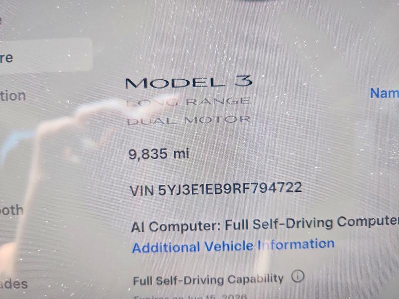 2024 Tesla Model 3 VIN 5YJ3E1EB9RF794722 COPART salvage auction — FRONT END, Il - Salvage Certificate, sold $6,700 on 2026-07-28 (photo 9)