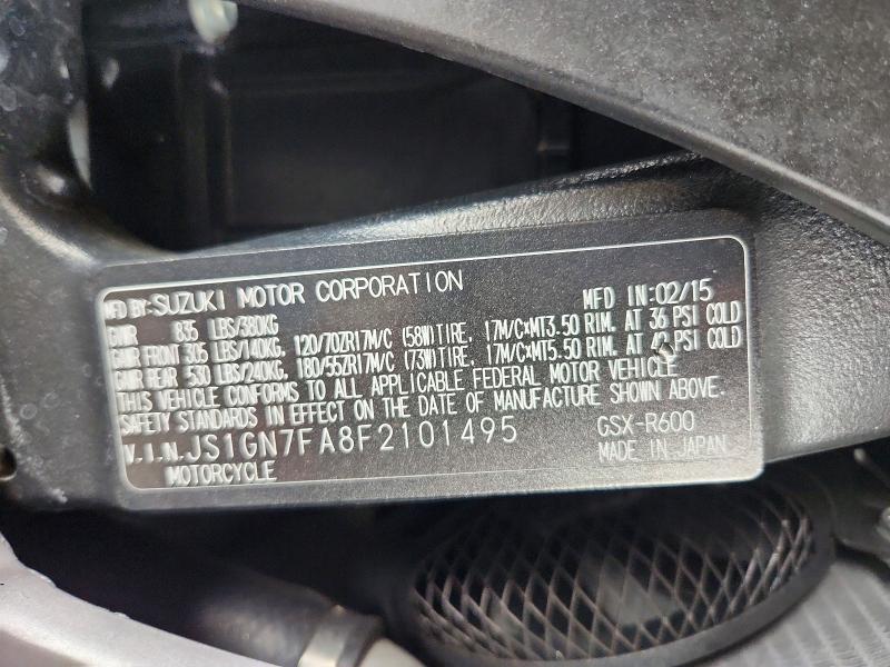 2015 Suzuki Gsx-r VIN JS1GN7FA8F2101495 COPART salvage auction — SIDE, Tx - Salvage Vehicle Title, sold $2,150 on 2026-07-09 (photo 9)