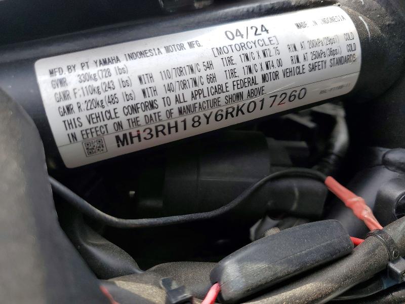 2024 Yamaha VIN MH3RH18Y6RK017260 COPART salvage auction — FRONT END, Ca - Salvage Certificate, sold $825 on 2026-07-23 (photo 9)