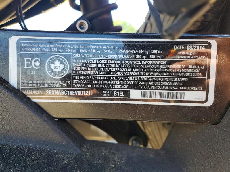 2014 Can-am/ brp VIN 2BXNABC16EV001211 COPART salvage auction — FRONT END, Nc - Salvage Certificate Of Title, sold $1,200 on 2026-07-02 (photo 9)