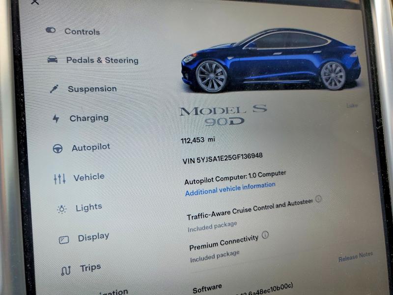 2016 Tesla Model s VIN 5YJSA1E25GF136948 COPART salvage auction — FRONT END, Ut - Salvage Certificate, sold $250 on 2026-07-27 (photo 9)