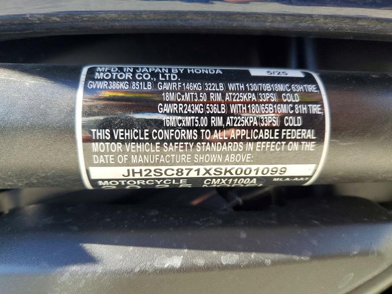 2025 Honda VIN JH2SC871XSK001099 COPART salvage auction — SIDE, Ca - Salvage Certificate, sold $2,800 on 2026-07-02 (photo 9)
