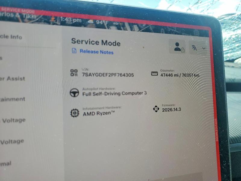 2023 Tesla Model y VIN 7SAYGDEF2PF764305 COPART salvage auction — FRONT END, Ga - Cert Of Title-Salvage, sold $700 on 2026-07-27 (photo 9)