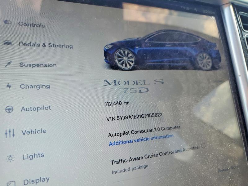 2016 Tesla Model s VIN 5YJSA1E21GF155822 COPART salvage auction — FRONT END, Ma - Cert Of Title-Reconstrctd Coll, sold $4,150 on 2026-07-07 (photo 9)