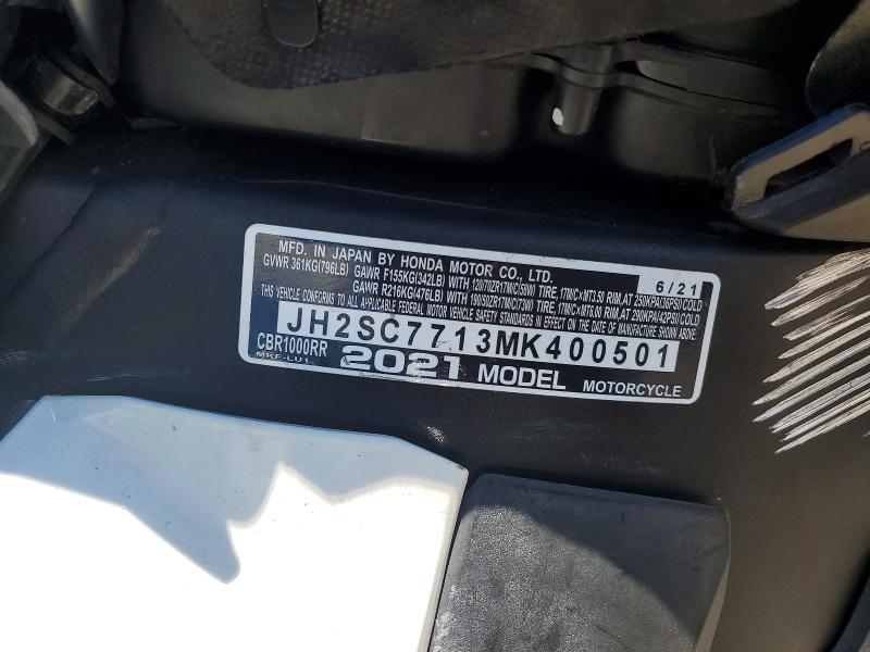 2021 Honda Cbr VIN JH2SC7713MK400501 COPART salvage auction — REAR END, Nj - Cert Of Title-Salvage, sold $4,550 on 2026-07-02 (photo 8)
