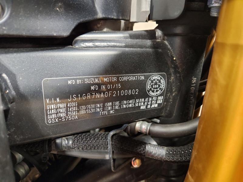2015 Suzuki Gsx-s750 VIN JS1GR7NA0F2100802 COPART salvage auction — MINOR DENT/SCRATCHES, On - Permit No Brand - Unfit (P), sold $2,650 on 2026-07-15 (photo 9)