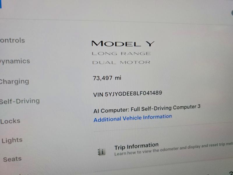 2020 Tesla Model y VIN 5YJYGDEE8LF041489 COPART salvage auction — REAR END, Pa - Cert Of Salvage-F=Out Of Cntry, sold $10,600 on 2026-07-08 (photo 9)