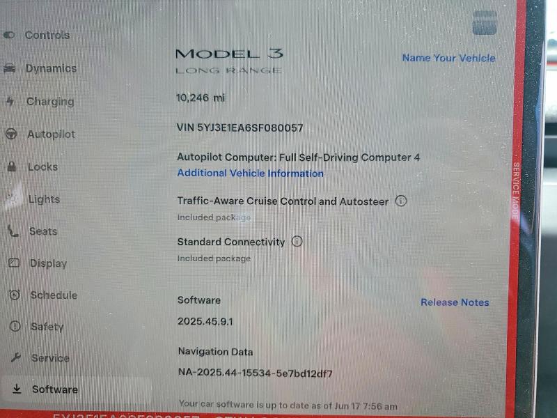 2025 Tesla VIN 5YJ3E1EA6SF080057 COPART salvage auction — REAR END, Ca - Salvage Certificate, sold $14,700 on 2026-07-24 (photo 9)