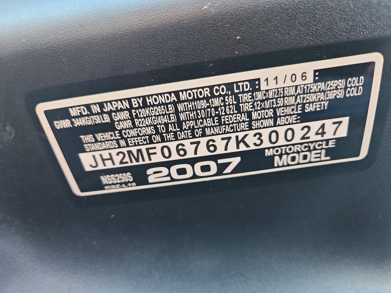 2007 Honda Nss250 VIN JH2MF06767K300247 COPART salvage auction — FRONT END, Ct - Cert Of Title-Salvage, sold $125 on 2026-07-21 (photo 9)