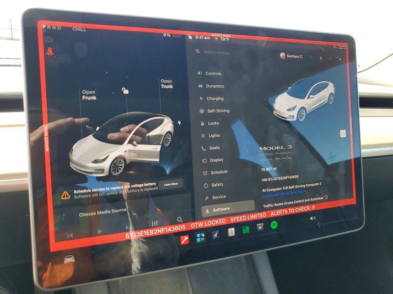 2022 Tesla VIN 5YJ3E1EB2NF143605 COPART salvage auction — FRONT END, Ca - Salvage Certificate, sold $8,700 on 2026-07-30 (photo 9)