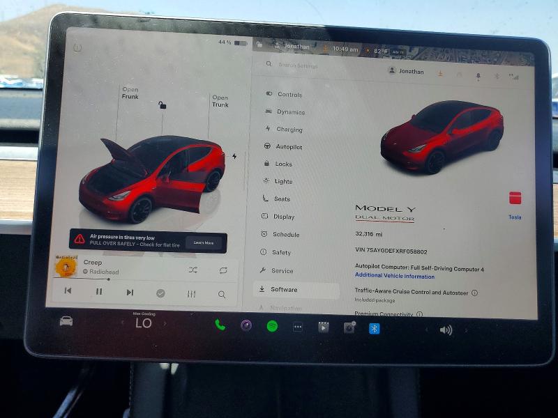 2024 Tesla Model y VIN 7SAYGDEFXRF058802 COPART salvage auction — FRONT END, Ca - Salvage Certificate, sold $12,200 on 2026-07-30 (photo 9)