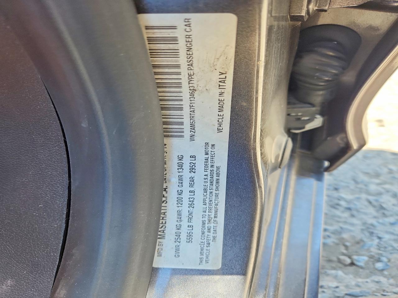 2015 Maserati VIN ZAM57RTA7F1134643 COPART salvage auction — FRONT END, Pa - Cert Of Slvg-Lemon Law Repurch, sold $2,400 on 2026-07-31 (photo 5)