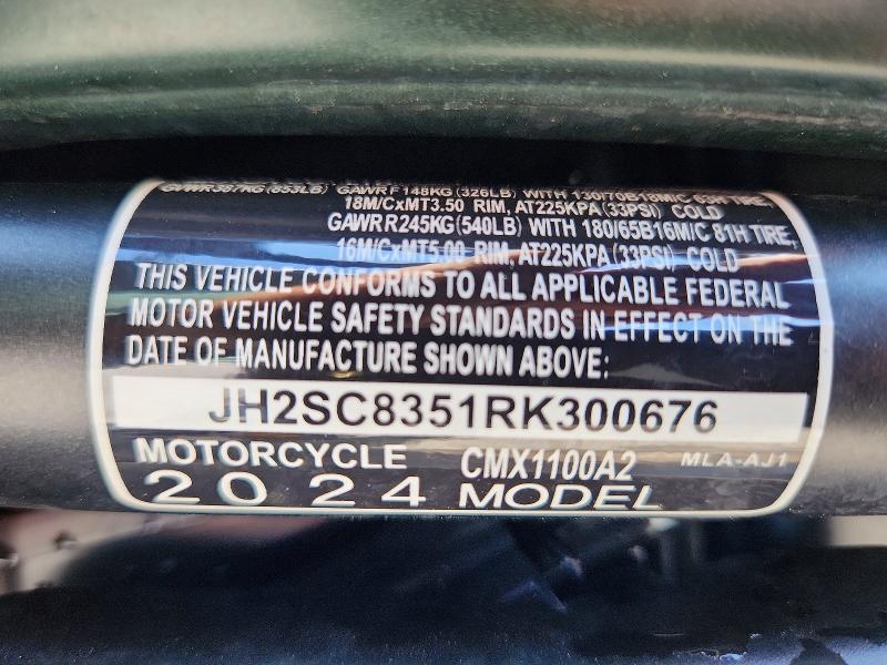 2024 Honda VIN JH2SC8351RK300676 COPART salvage auction — FRONT END, Co - Salvage Title, sold $725 on 2026-07-29 (photo 9)