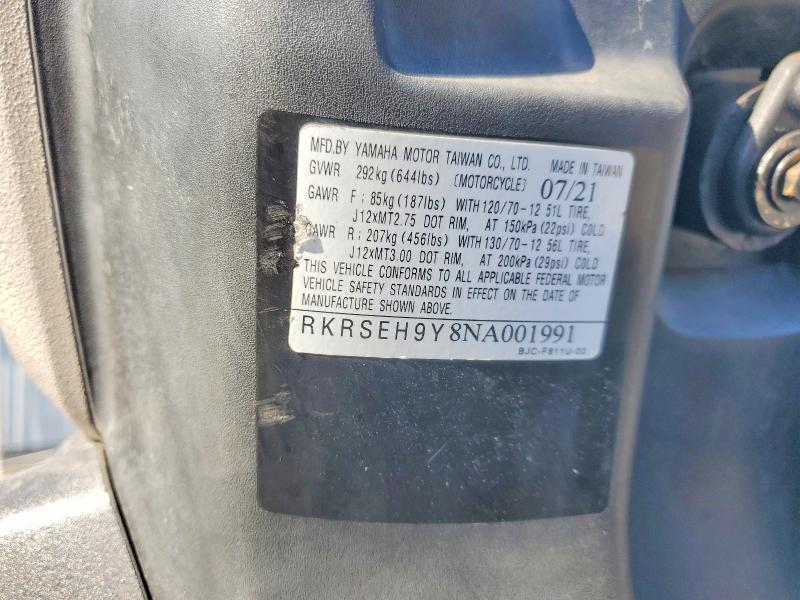 2022 Yamaha VIN RKRSEH9Y8NA001991 COPART salvage auction — VANDALISM, Ca - Salvage Certificate, sold $350 on 2026-07-23 (photo 9)
