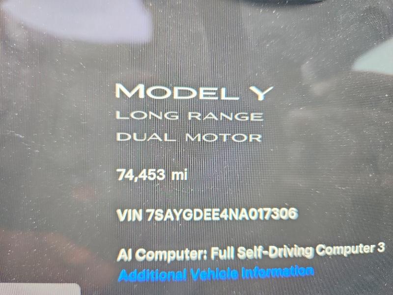 2022 Tesla VIN 7SAYGDEE4NA017306 COPART salvage auction — FRONT END, Ct - Cert Of Title-Salvage, sold $9,400 on 2026-07-14 (photo 9)
