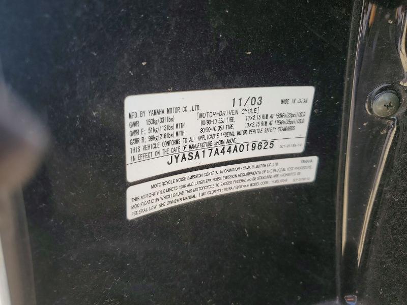 2004 Yamaha VIN JYASA17A44A019625 COPART salvage auction — SIDE, Ia - Cert Of Title-Salvage Title, sold $150 on 2026-07-30 (photo 9)