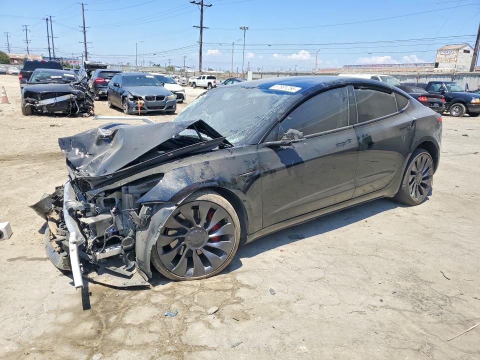 2023 Tesla Model 3 VIN 5YJ3E1EC0PF676628 COPART salvage auction — ALL OVER, Ca - Salvage Certificate, sold $3,050 on 2026-07-06 (photo 1)