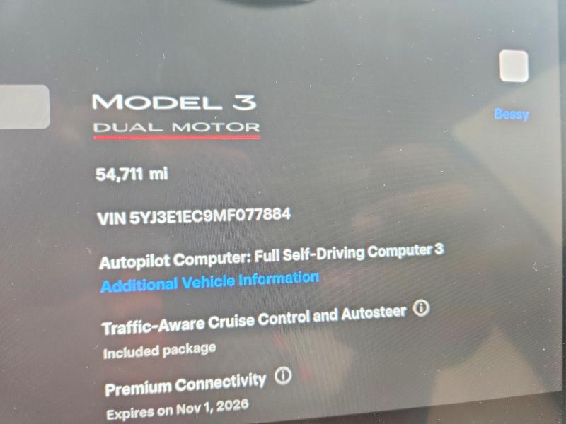 2021 Tesla Model 3 VIN 5YJ3E1EC9MF077884 COPART salvage auction — REAR END, CA - SALVAGE CERTIFICATE, sold $500 on 2026-07-21 (photo 9)