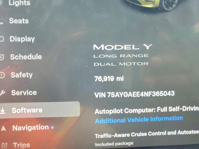 2022 Tesla VIN 7SAYGAEE4NF365043 COPART salvage auction — FRONT END, Ga - Cert Of Title-Salvage, sold $9,100 on 2026-07-24 (photo 9)