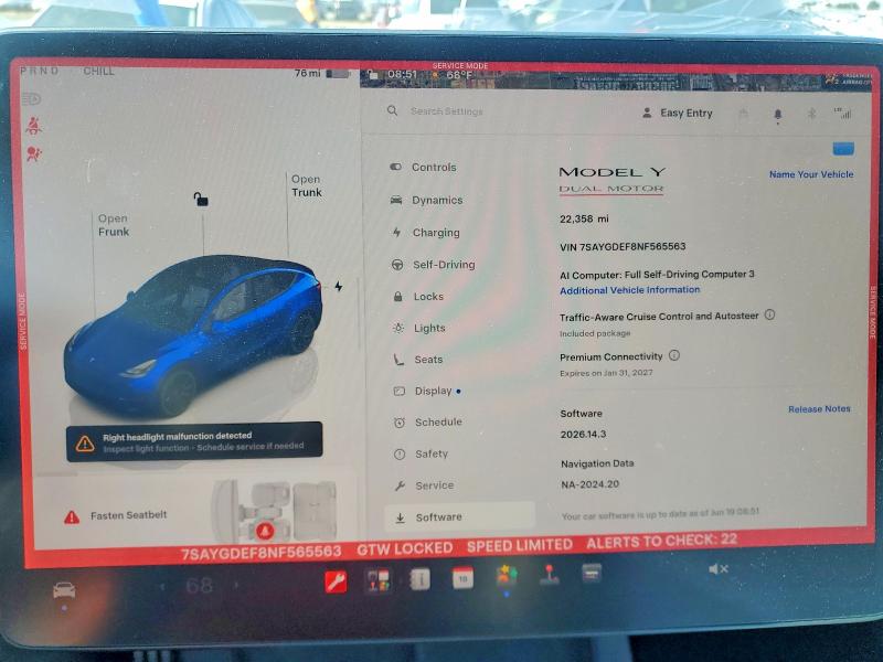 2022 Tesla Model y VIN 7SAYGDEF8NF565563 COPART salvage auction — FRONT END, Ca - Salvage Certificate, sold $10,600 on 2026-07-23 (photo 9)