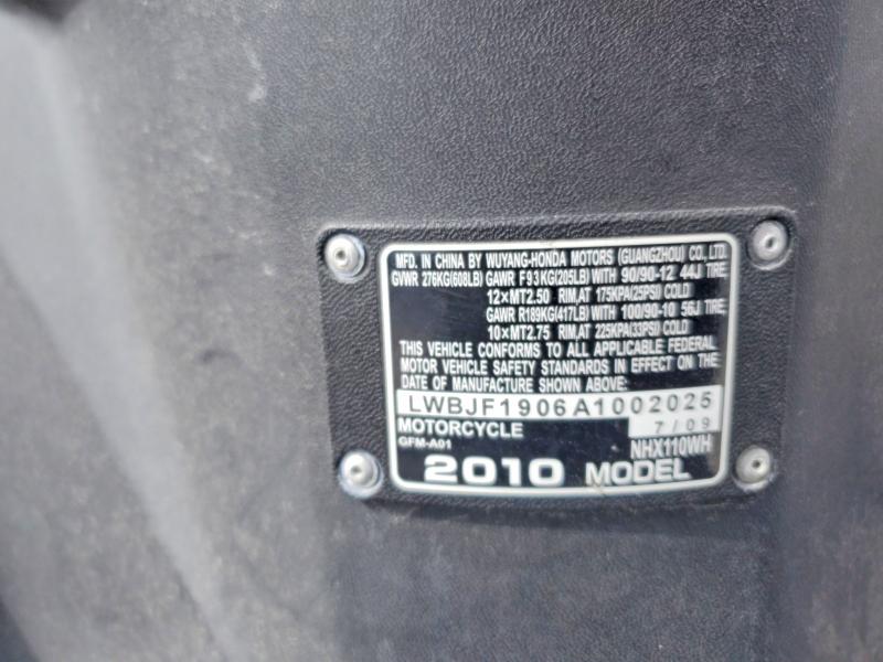 2010 Honda Elite VIN LWBJF1906A1002025 COPART salvage auction — NORMAL WEAR, Fl - Certificate Of Title, sold $325 on 2026-07-14 (photo 9)