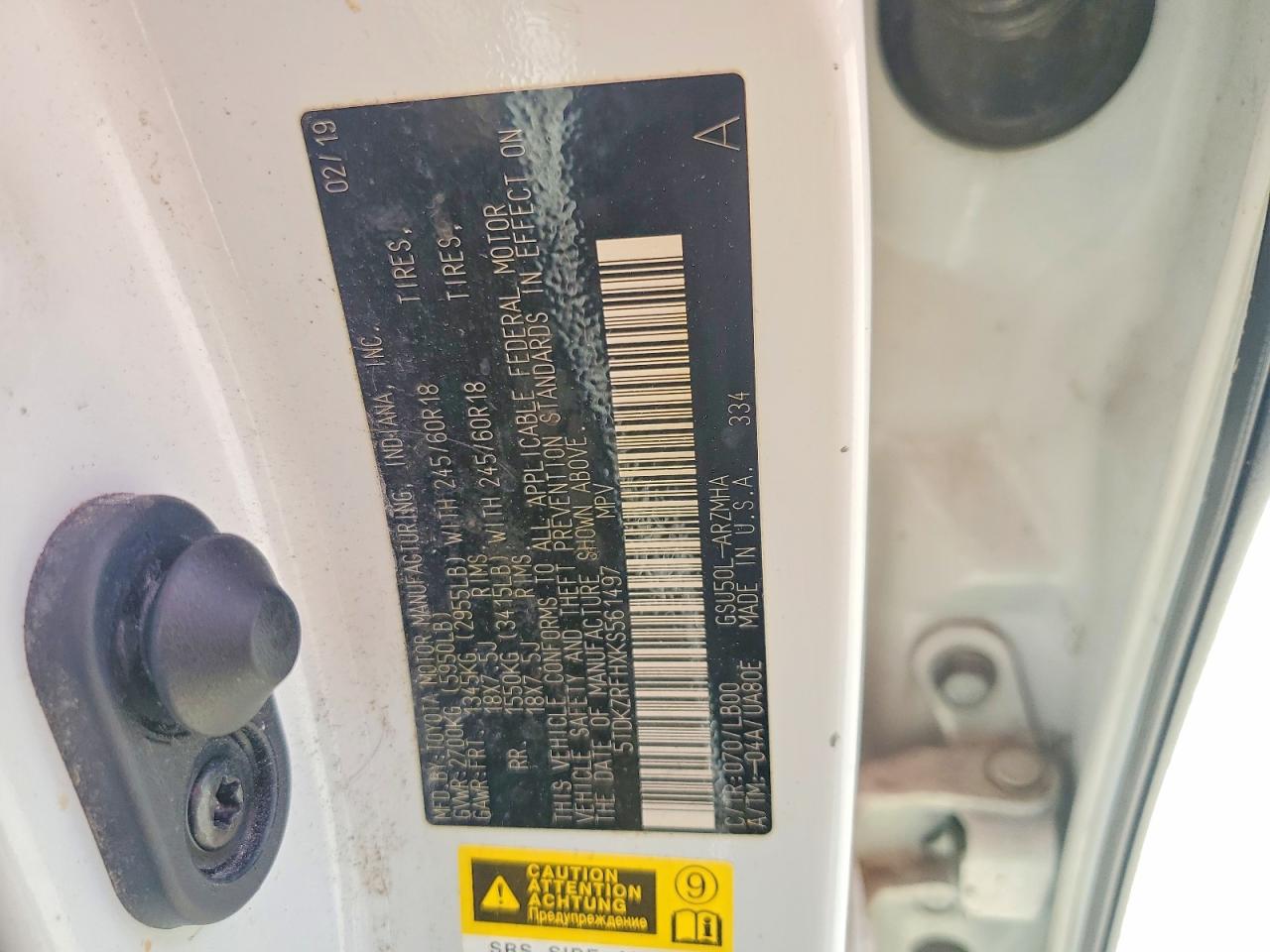 2019 Toyota Highlander VIN 5TDKZRFHXKS561497 COPART salvage auction — MECHANICAL, Ga - Certificate Of Title (P), sold $12,700 on 2026-07-28 (photo 7)