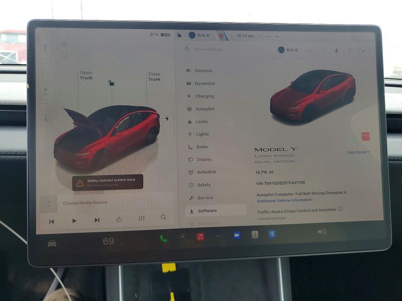 2026 Tesla Model y VIN 7SAYGDEE8TF431706 COPART salvage auction — FRONT END, Tx - Dis/Dlr/Exp Only Salvage Title, sold $15,500 on 2026-07-27 (photo 9)