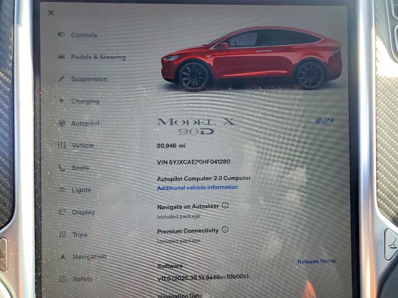 2017 Tesla Model x VIN 5YJXCAE20HF041280 COPART salvage auction — FRONT END, CA - SALVAGE CERTIFICATE, sold $4,900 on 2026-07-24 (photo 9)