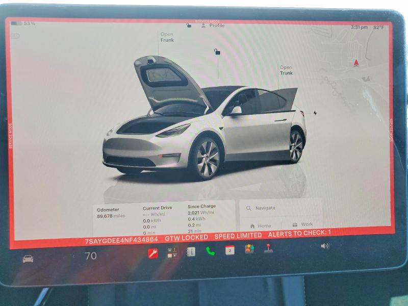 2022 Tesla VIN 7SAYGDEE4NF434864 COPART salvage auction — FRONT END, Ca - Salvage Certificate, sold $9,700 on 2026-07-15 (photo 9)