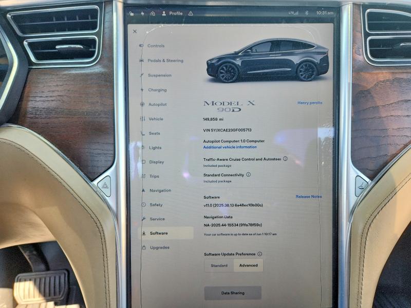 2016 Tesla Model x VIN 5YJXCAE23GF005713 COPART salvage auction — FRONT END, PA - CERTIFICATE OF SALVAGE, sold $1,000 on 2026-07-31 (photo 9)