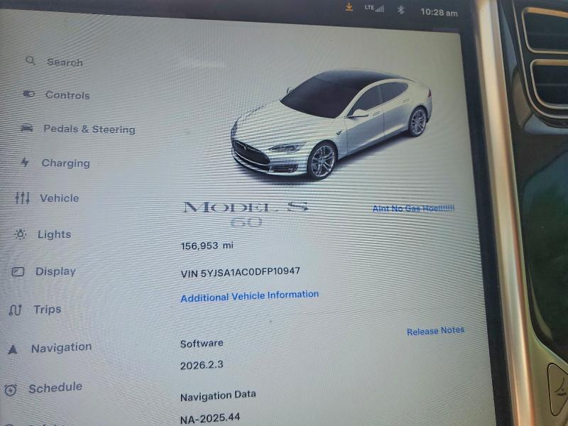 2013 Tesla VIN 5YJSA1AC0DFP10947 COPART salvage auction — SIDE, Mt - Dealer Only Clean Title, sold $825 on 2026-07-31 (photo 9)