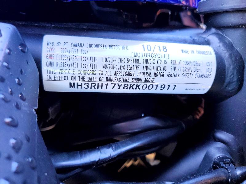 2019 Yamaha VIN MH3RH17Y8KK001911 COPART salvage auction — FRONT END, Nh - Cert Of Title-Salvage, sold $700 on 2026-07-02 (photo 9)