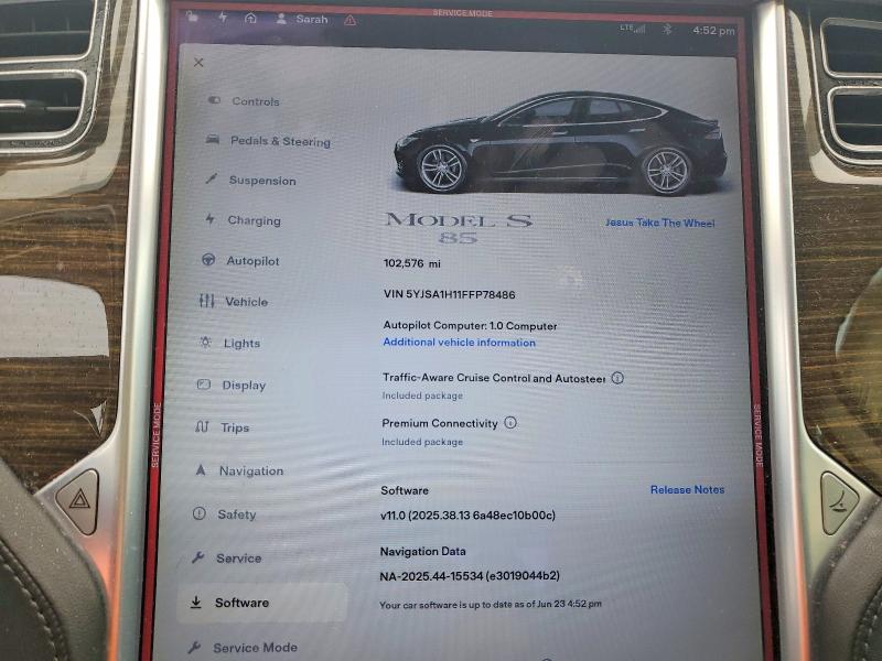 2015 Tesla VIN 5YJSA1H11FFP78486 COPART salvage auction — FRONT END, Fl - Cert Of Title Slvg Rebuildable, sold $3,700 on 2026-07-10 (photo 9)