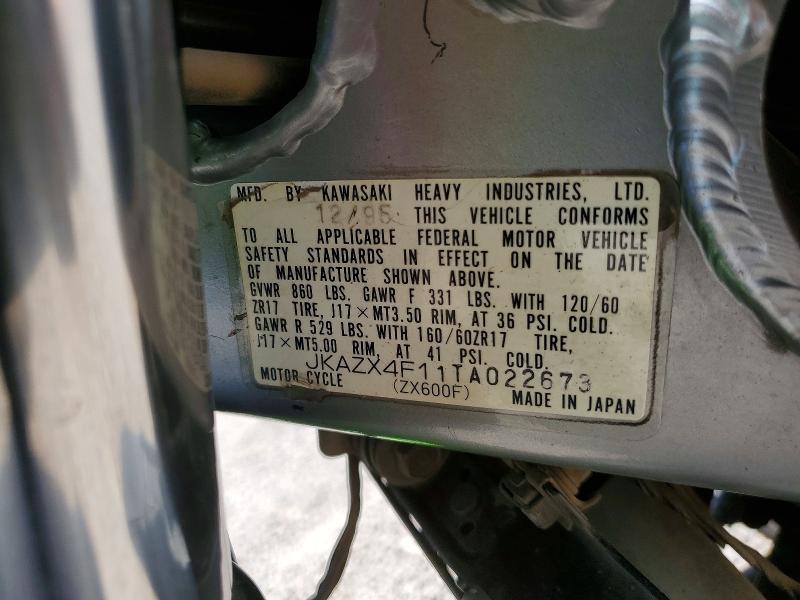 1996 Kawasaki Zx600 VIN JKAZX4F11TA022673 COPART salvage auction — SIDE, AZ - CERTIFICATE OF TITLE (P), sold $500 on 2026-07-22 (photo 9)
