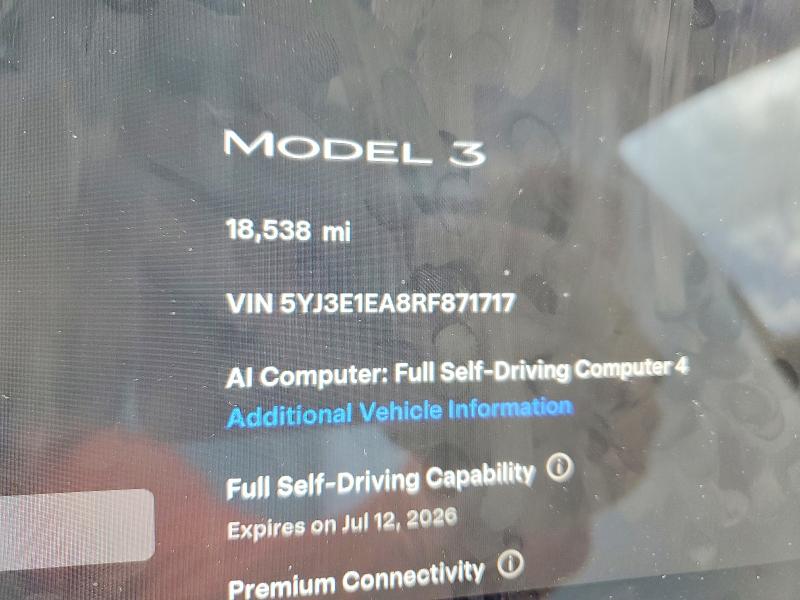 2024 Tesla VIN 5YJ3E1EA8RF871717 COPART salvage auction — FRONT END, FL - CERT OF TITLE SLVG REBUILDABLE, sold $8,400 on 2026-07-23 (photo 9)