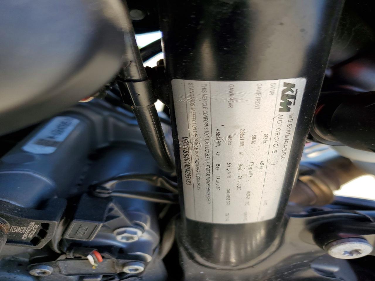 2021 Ktm 890 VIN VBKTS6401MM805183 COPART salvage auction — Front End, CA - SALVAGE CERTIFICATE, sold $1,850 on 2026-07-09 (photo 9)