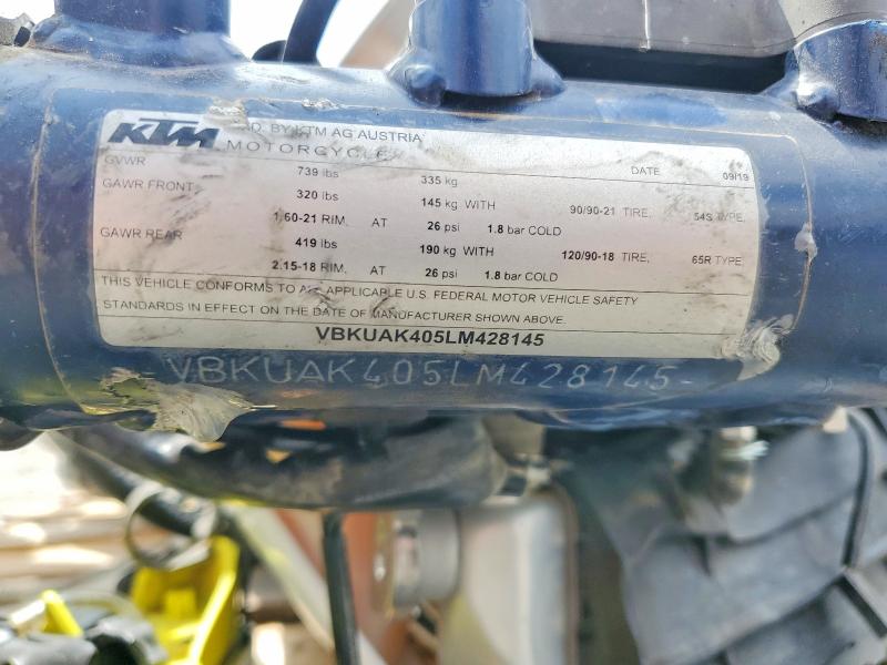 2020 Husqvarna Fe501 VIN VBKUAK405LM428145 COPART salvage auction — ALL OVER, Ca - Salvage Certificate, sold $1,400 on 2026-07-02 (photo 8)