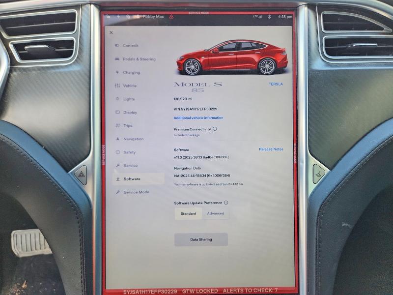 2014 Tesla VIN 5YJSA1H17EFP30229 COPART salvage auction — FRONT END, OH - CERT OF TITLE-SALVAGE, sold $2,800 on 2026-07-24 (photo 9)