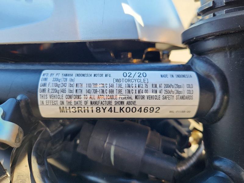 2020 Yamaha Yzf VIN MH3RH18Y4LK004692 COPART salvage auction — FRONT END, Ny - Mv-907A Salvage Certificate, sold $850 on 2026-07-16 (photo 9)