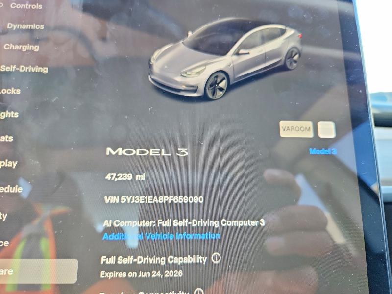 2023 Tesla Model 3 VIN 5YJ3E1EA8PF659090 COPART salvage auction — FRONT END, Co - Public - Salvage Title, sold $6,300 on 2026-08-03 (photo 9)