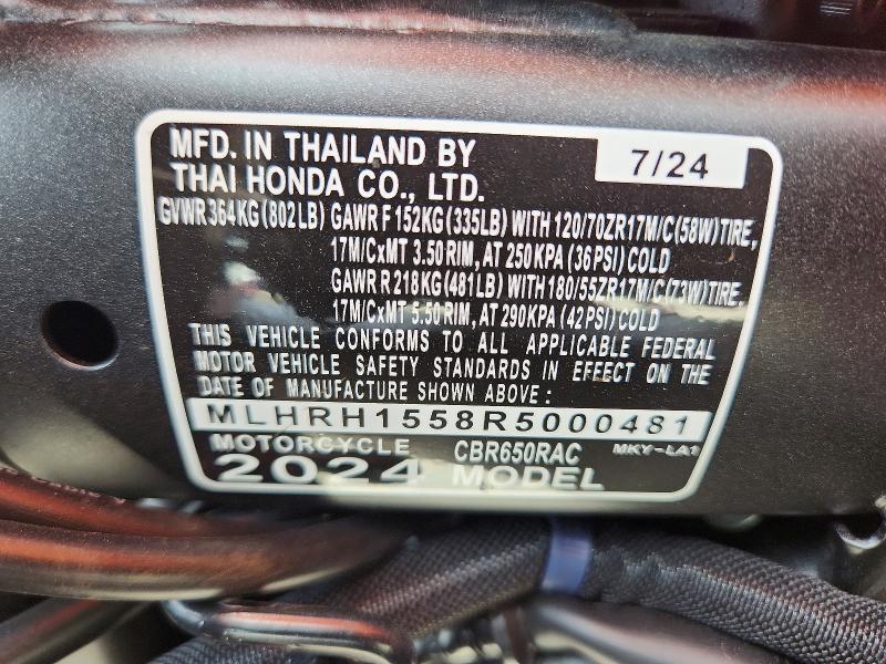 2024 Honda Cbr VIN MLHRH1558R5000481 COPART salvage auction — SIDE, Fl - Certificate Of Destruction, sold $2,900 on 2026-07-16 (photo 9)