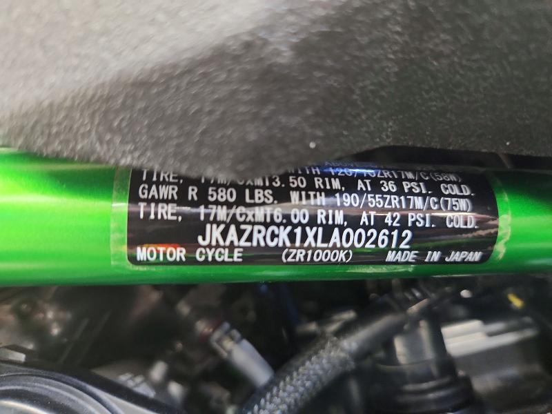 2020 Kawasaki Zr VIN JKAZRCK1XLA002612 COPART salvage auction — MINOR DENT/SCRATCHES, Ia - Certificate Of Title (P), sold $8,300 on 2026-07-27 (photo 9)