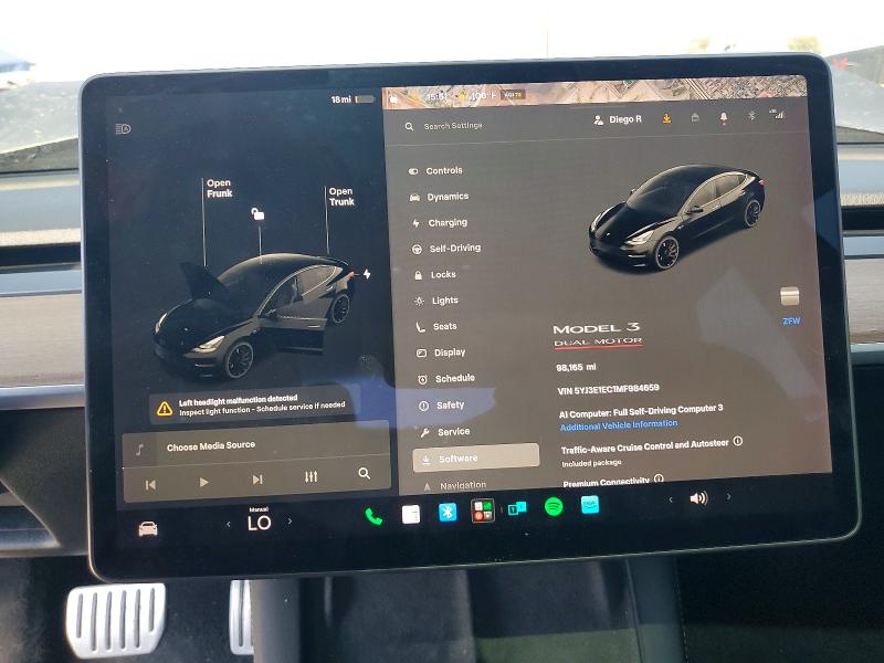 2021 Tesla Model 3 VIN 5YJ3E1EC1MF984659 COPART salvage auction — FRONT END, Ca - Salvage Certificate, sold $6,400 on 2026-07-02 (photo 9)