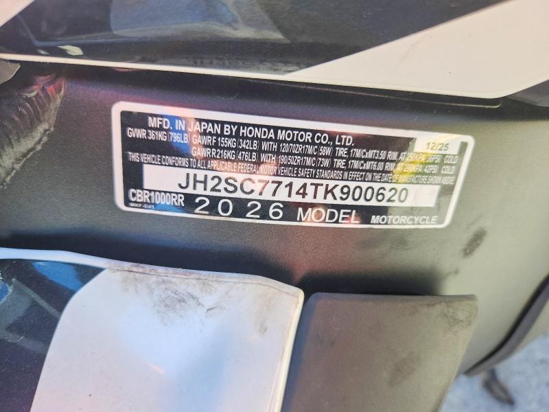 2026 Honda Cbr VIN JH2SC7714TK900620 COPART salvage auction — SIDE, MI - CERT OF TITLE-SALVAGE VEHICLE, sold $5,600 on 2026-07-30 (photo 9)