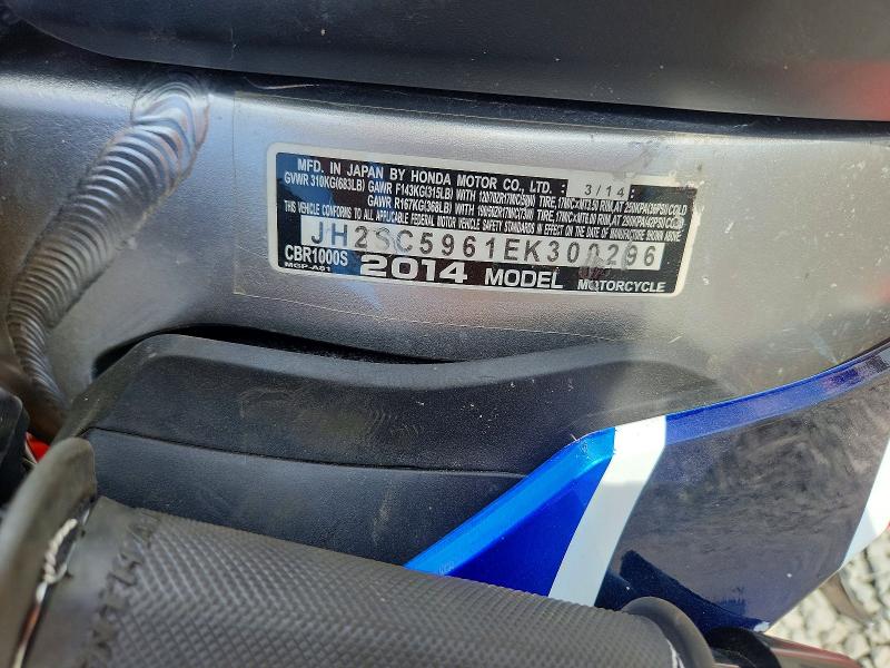 2014 Honda Cbr VIN JH2SC5961EK300296 COPART salvage auction — FRONT END, In - Cert Of Title-Salvage Title, sold $1,350 on 2026-07-30 (photo 9)