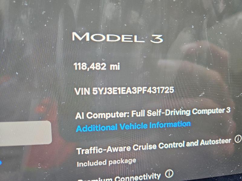 2023 Tesla Model 3 VIN 5YJ3E1EA3PF431725 COPART salvage auction — REAR END, Ma - Cert Of Title-Salvage, sold $5,700 on 2026-07-09 (photo 9)